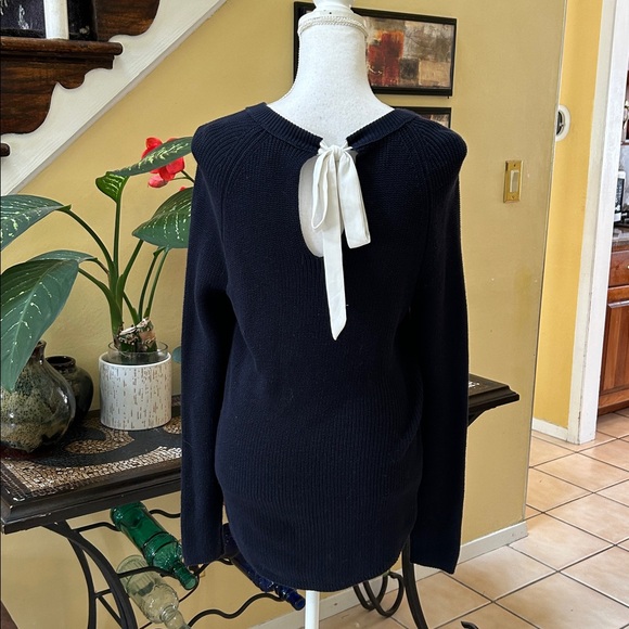 Loft Navy Blue Ribbed White Bow Tie Crew Neck Cotton Knit Pullover Sweater NWOT - Picture 9 of 15